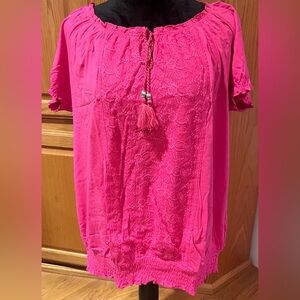 Macy's Style &‎ Co. Floral Lace Tassle Tie Puff-Sleeve Peasant Top Pink Size XL